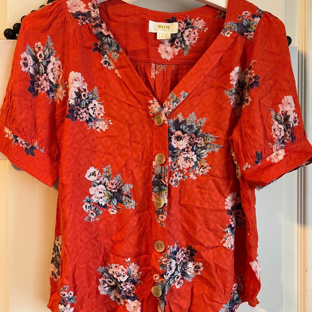 Maeve Anthropologie Orange Floral V-neck button down top shirt 2-4  XS Small